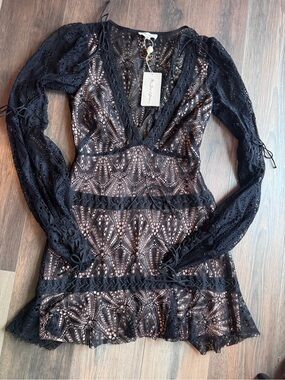 For Love & Lemons Black Lace Long-Sleeve V-Neck Mini Dress